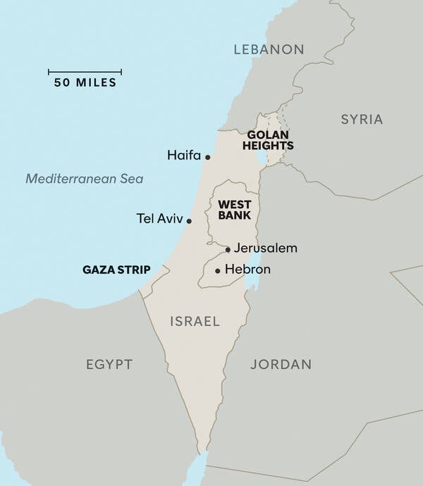 A map of Israel delineating Haifa, Tel Aviv, the Golan Heights, the West Bank, Jerusalem, Hebron and the Gaza Strip.